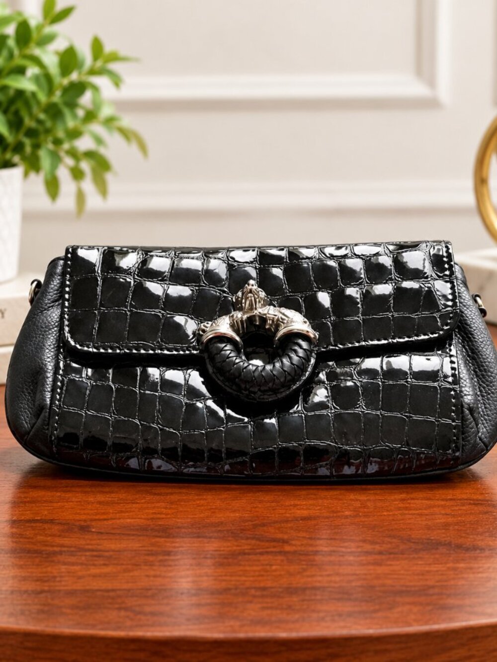 Vintage Brighton Elegant Black Crocodile-Embossed Clutch